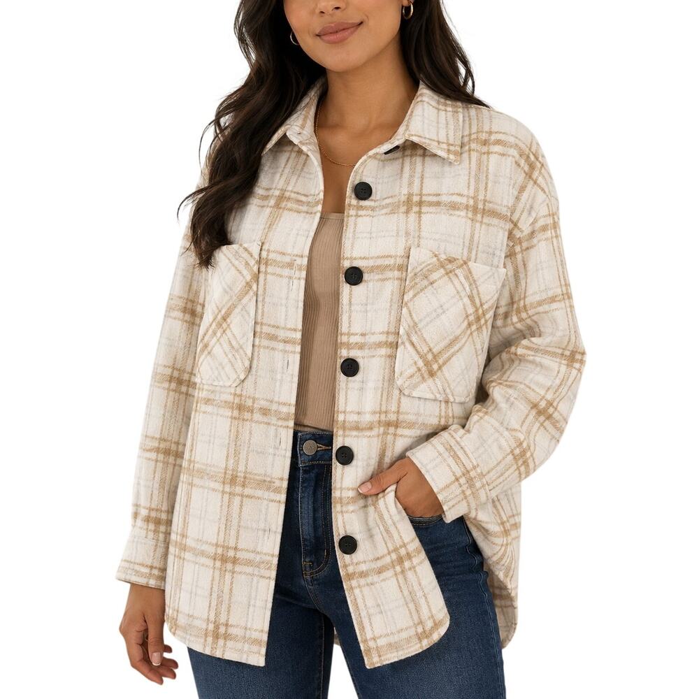 Pink Lily Cream Tan Plaid Button Up Shacket Cozy Fall Jacket Size Small